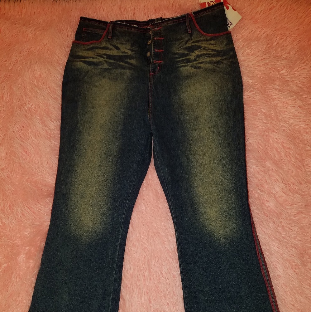 Laser Flare Stretch Jeans with red stitching.  24